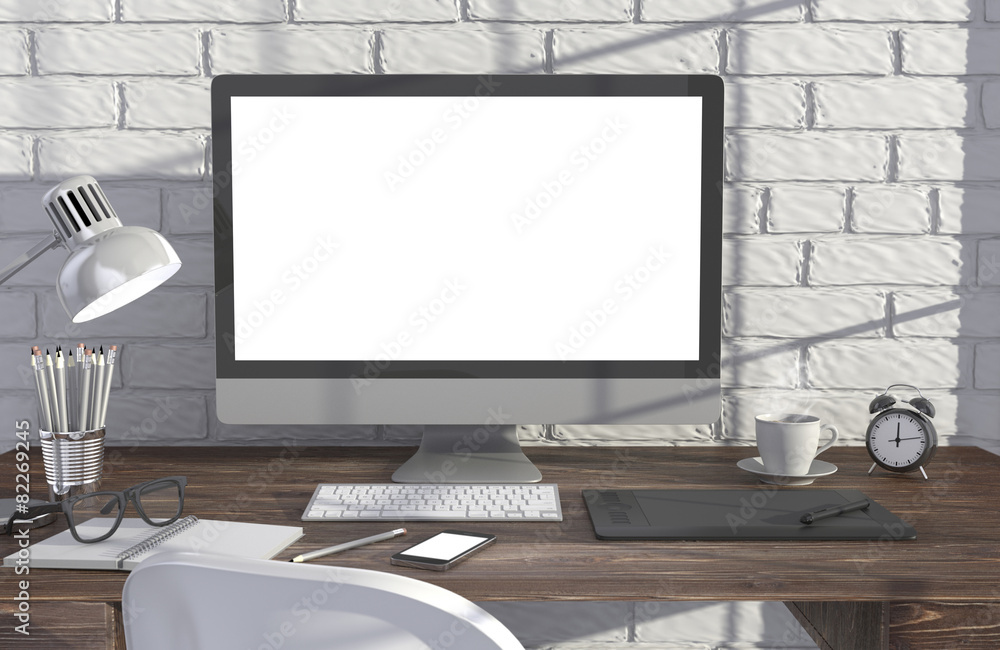 3D illustration PC screen on table near brick wall Workspace 3D illustration PC screen on table near brick wall Workspace