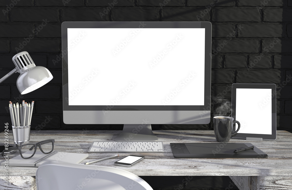 Fototapeta premium 3D illustration PC screen on table near brick wall Workspace