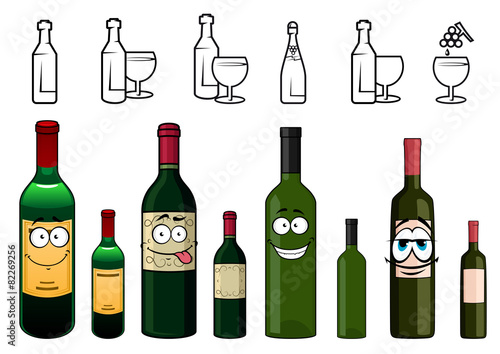 Cartoon characters of wine bottles in various design