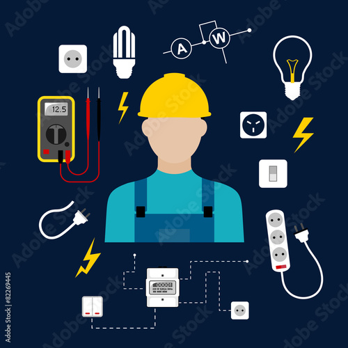 Professional electrician with electric tools and equipments