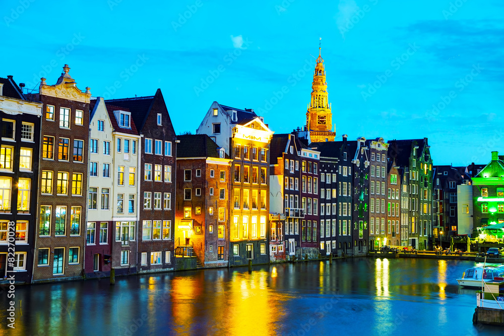 Night city view of Amsterdam, the Netherlands