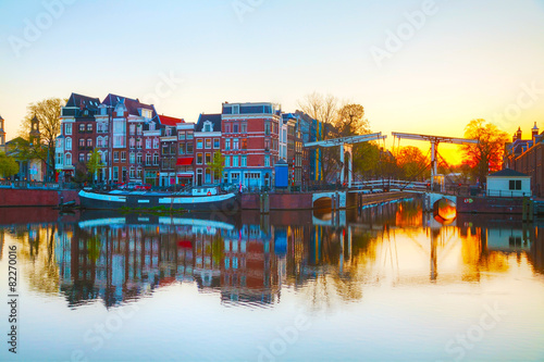 City view of Amsterdam, the Netherlands at sunrise