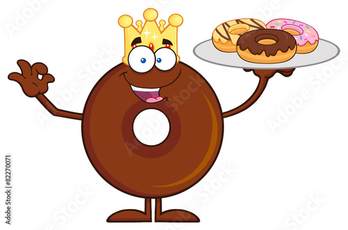 King Chocolate Donut Cartoon Character Serving Donuts