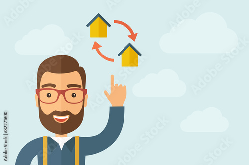 Man pointing the two houses icon