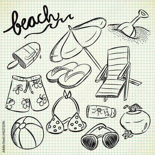 set of beach stuff in doodle style