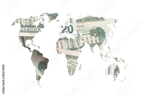 world map made with torn dollar bills isolated on white.