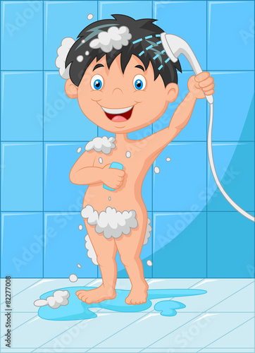 Cartoon happy little kid bathing