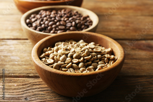 Coffee beans on wooden table, closeup