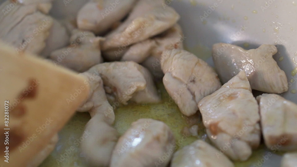 Frying, mixing chicken on pan, closeup Frying, mixing chicken on pan, closeup