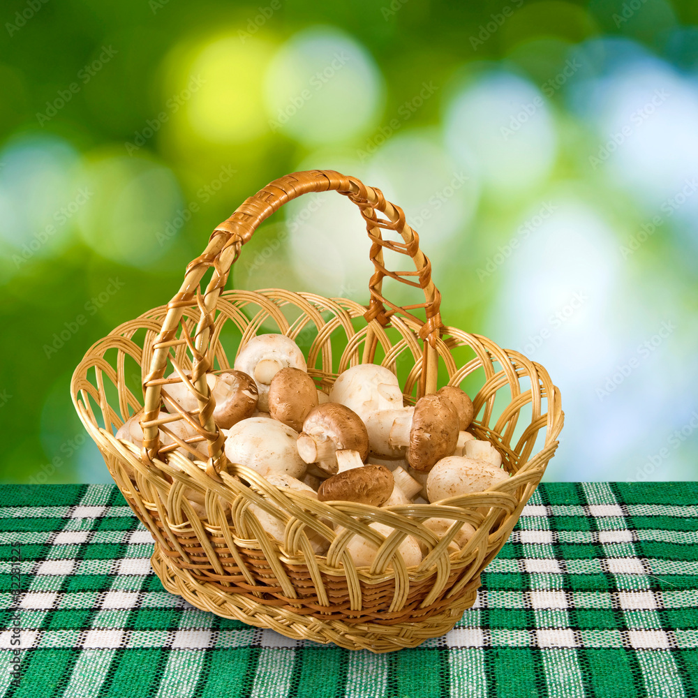 baskets with mushrooms on a green background baskets with mushrooms on a green background