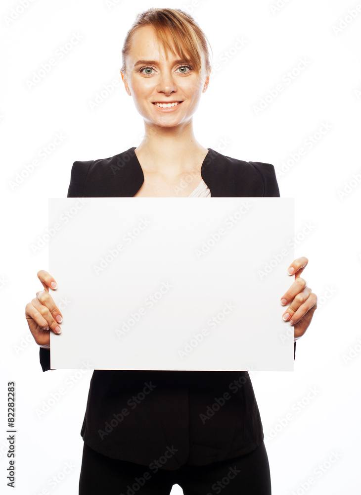 young business woman showing blank signboard young business woman showing blank signboard