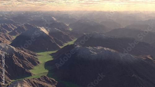 Simple mountainous landscape at sunset, 3D render.