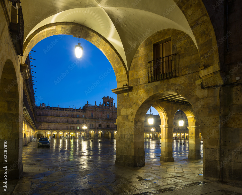 arches at Plaza Mayor  in evening. Salamanca