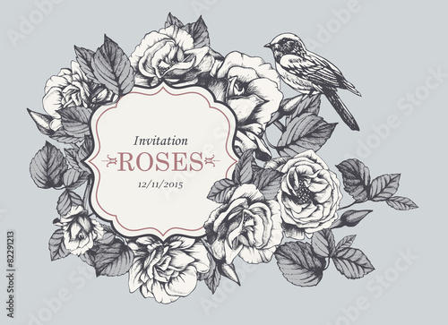 Invitation with hand-drawn garden roses and bird. Vector