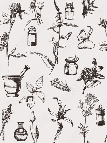 Hand-drawn set of objects and herbs. Vector