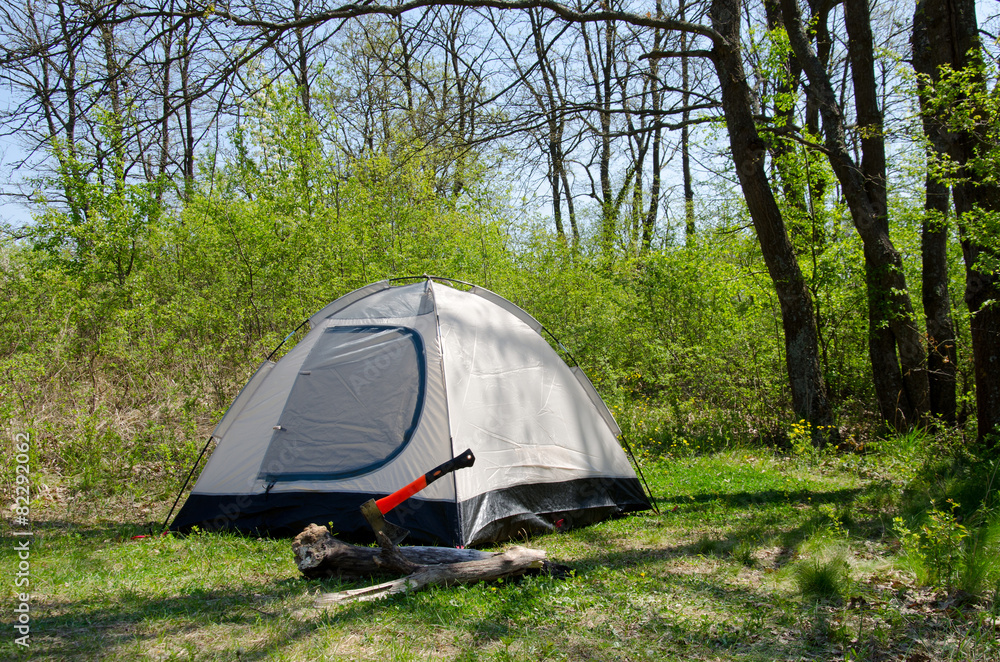 Camping tent on sunny grassland