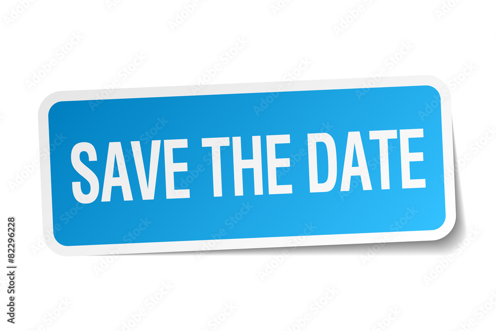 save the date blue square sticker isolated on white save the date blue square sticker isolated on white