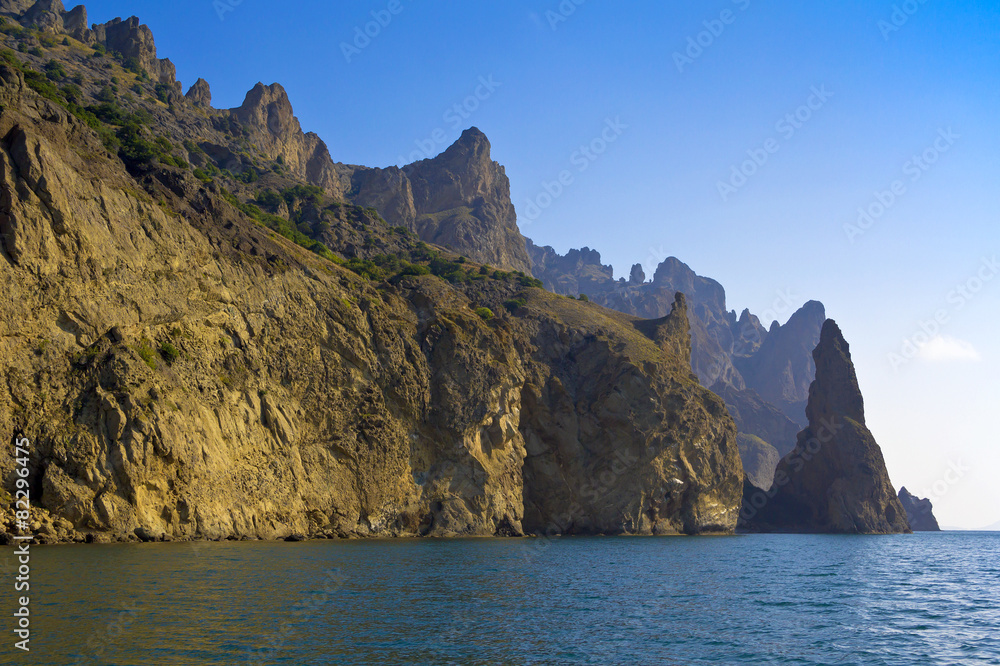 View from the sea to the ancient mountains of Kara-Dag.