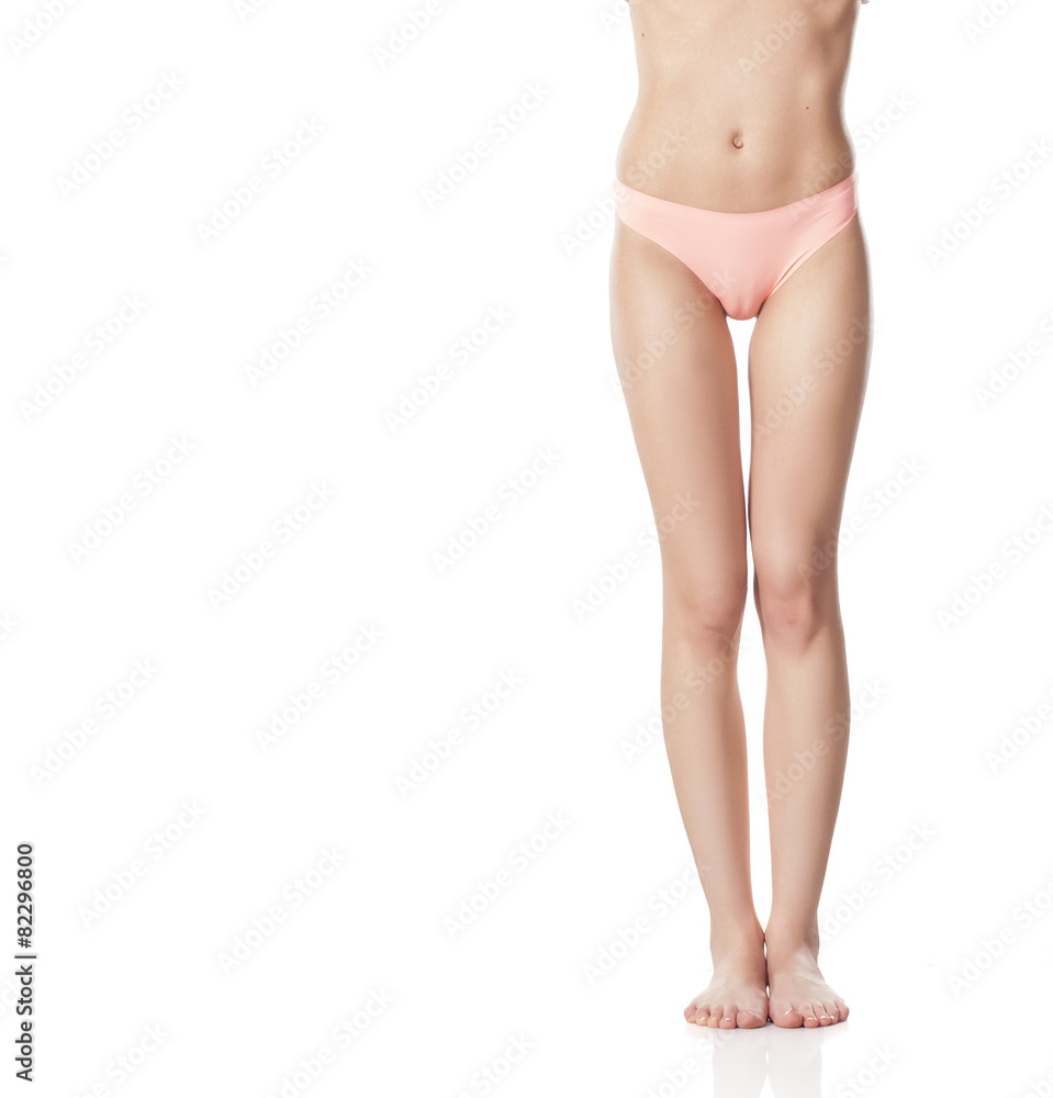 naked female legs and pink panties on a white background