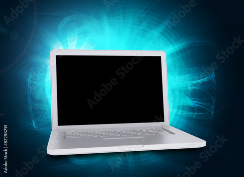 Laptop on abstract blue background, side view