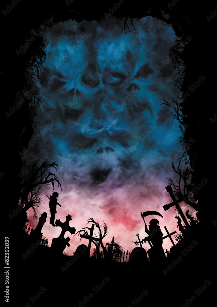 Fototapeta premium Horror background with skies like a skulls and a cemetery