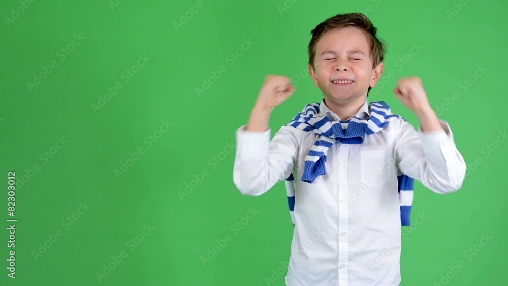 young handsome child boy rejoices - green screen - studio young handsome child boy rejoices - green screen - studio