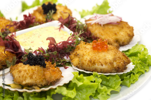 scallops in batter decorated eggs and salad