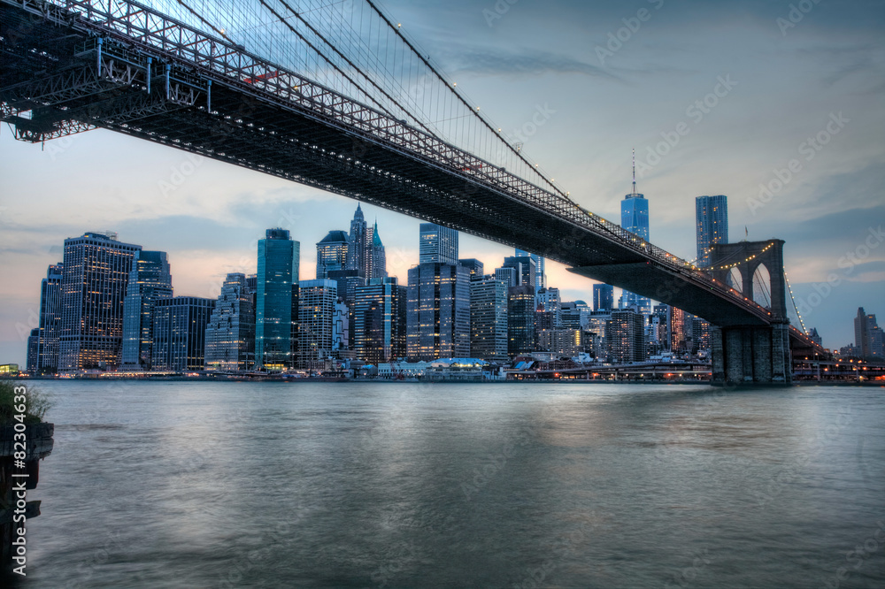 The Brooklyn Bridge with the Manhattan skyline behind