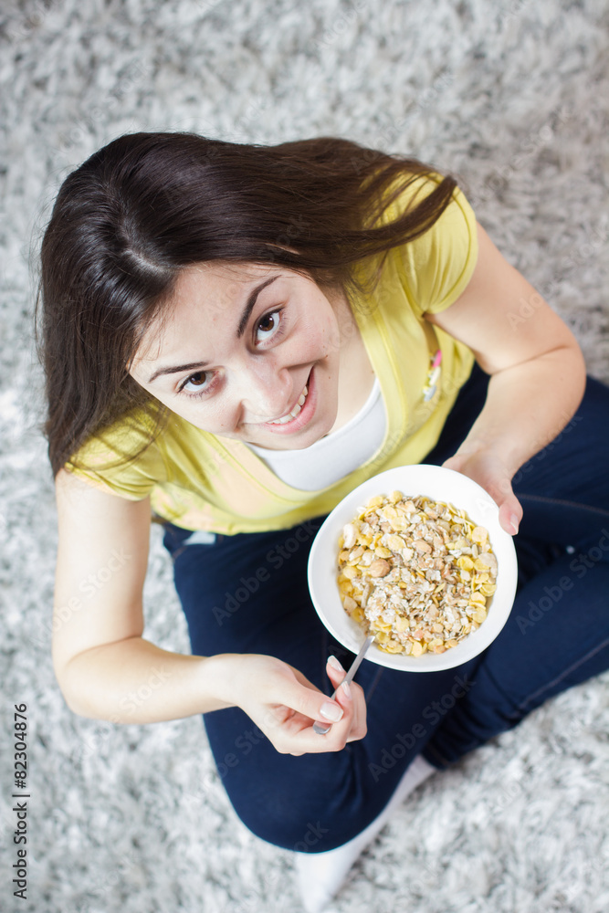 Happy Young Woman Eating Cereal Breakfast Happy Young Woman Eating Cereal Breakfast