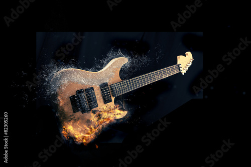 Electric Guitar on fire on Black Background