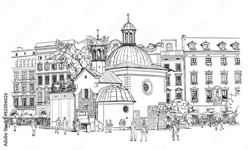 The town square in Krakow. Poland. Black & white vector sketch