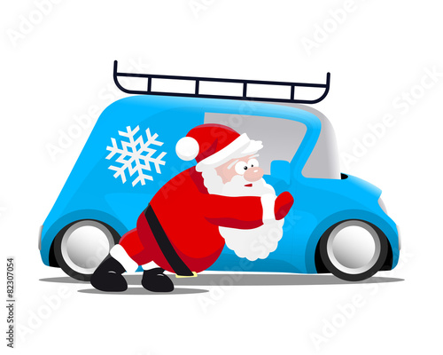 Santa pushing a blue mini car