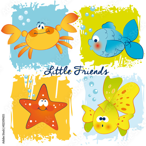 Vector Funny Fishes,Crab and Starfish Card