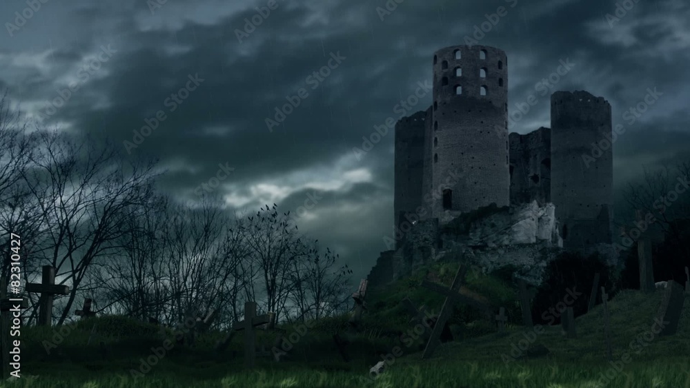 Dark castle and cemetery during storm. Dark castle and cemetery during storm.