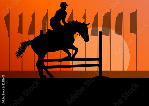 Horse jumping, overcoming obstacles, equestrian sport show with