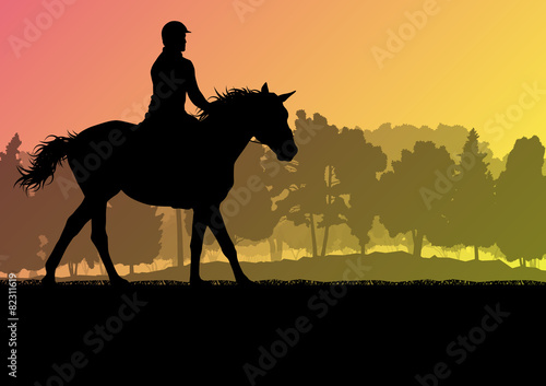 Horseback rider silhouette in nature vector background landscape