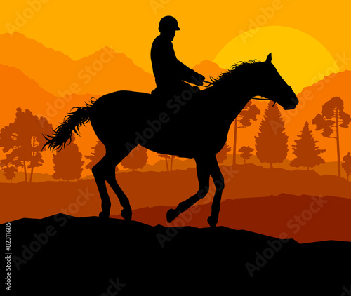 Horseback rider silhouette in nature vector background landscape