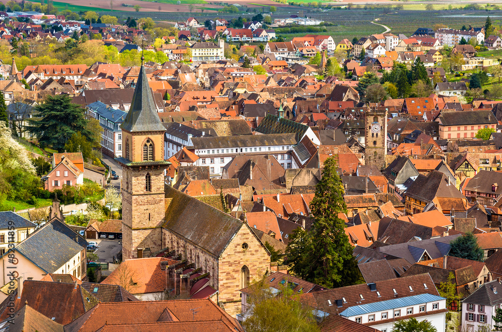 Fototapeta premium View of the church of Saint Gregoire in Ribeauville - France, Al