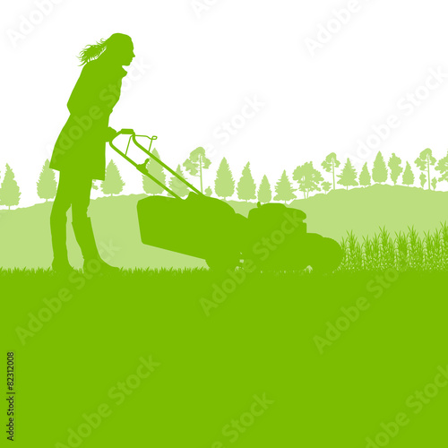 Woman with lawn mover cutting grass vector background ecology