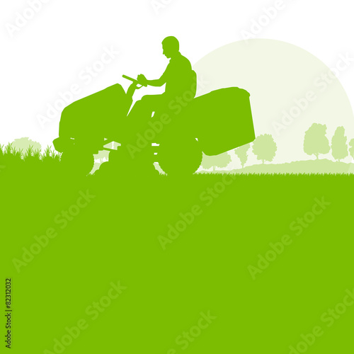 Man with lawn mover cutting grass vector background ecology conc