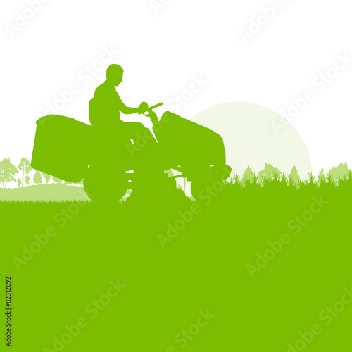 Man with lawn mover cutting grass vector background ecology conc