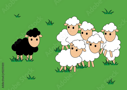 Black and white sheep. Black sheep is different and alone