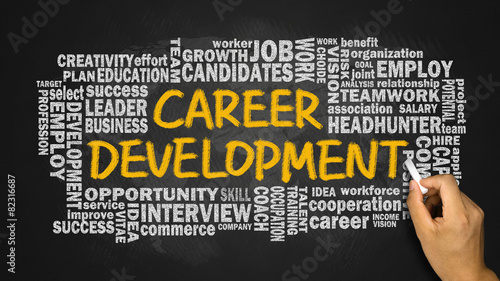 career development with related word cloud hand drawing on black