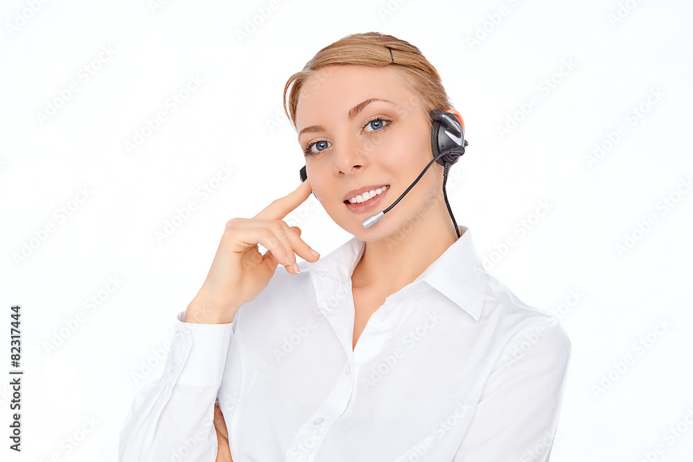 Support phone operator in headset, blonde girl, isolated Support phone operator in headset, blonde girl, isolated