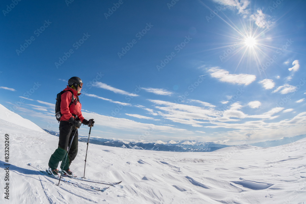 ski touring on sunny day