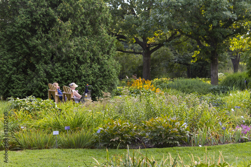 People reading in a quiet garden surrounded by greenery and calm