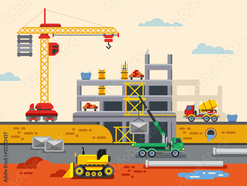 Building Construction Flat Design Vector Concept Illustration.