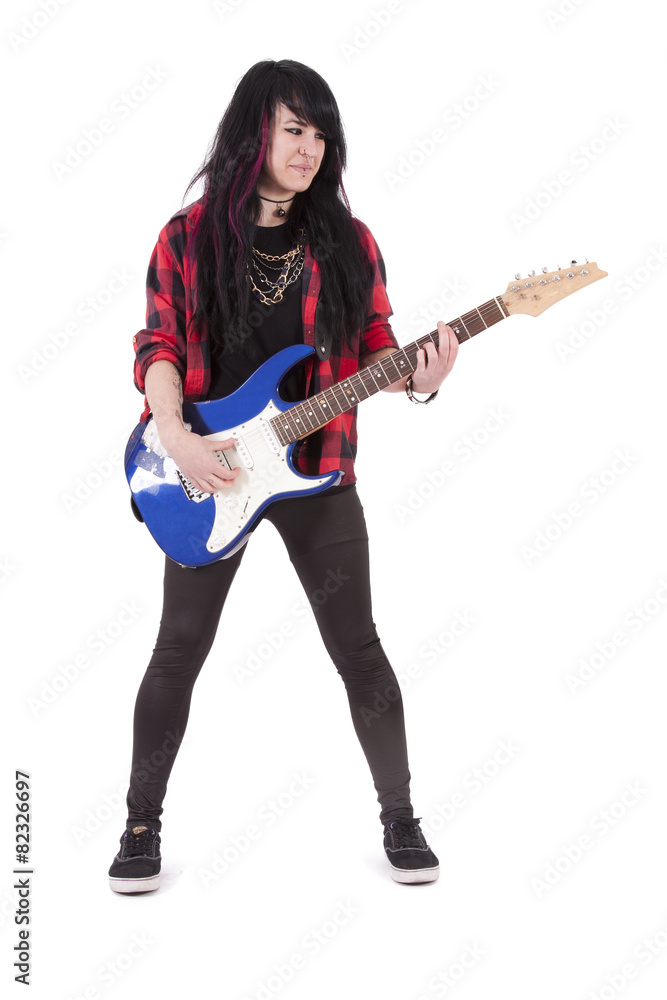 girl with electric guitar isolated