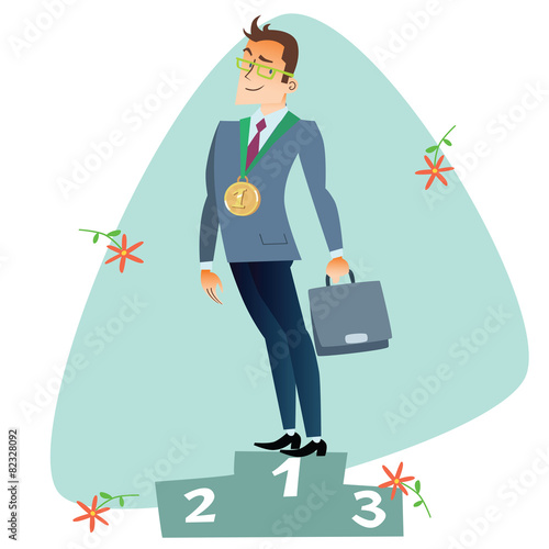 Businessman in first place of the podium business sports competi