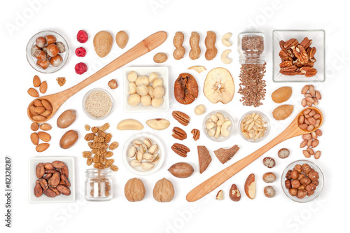 nuts and dried fruits on white background